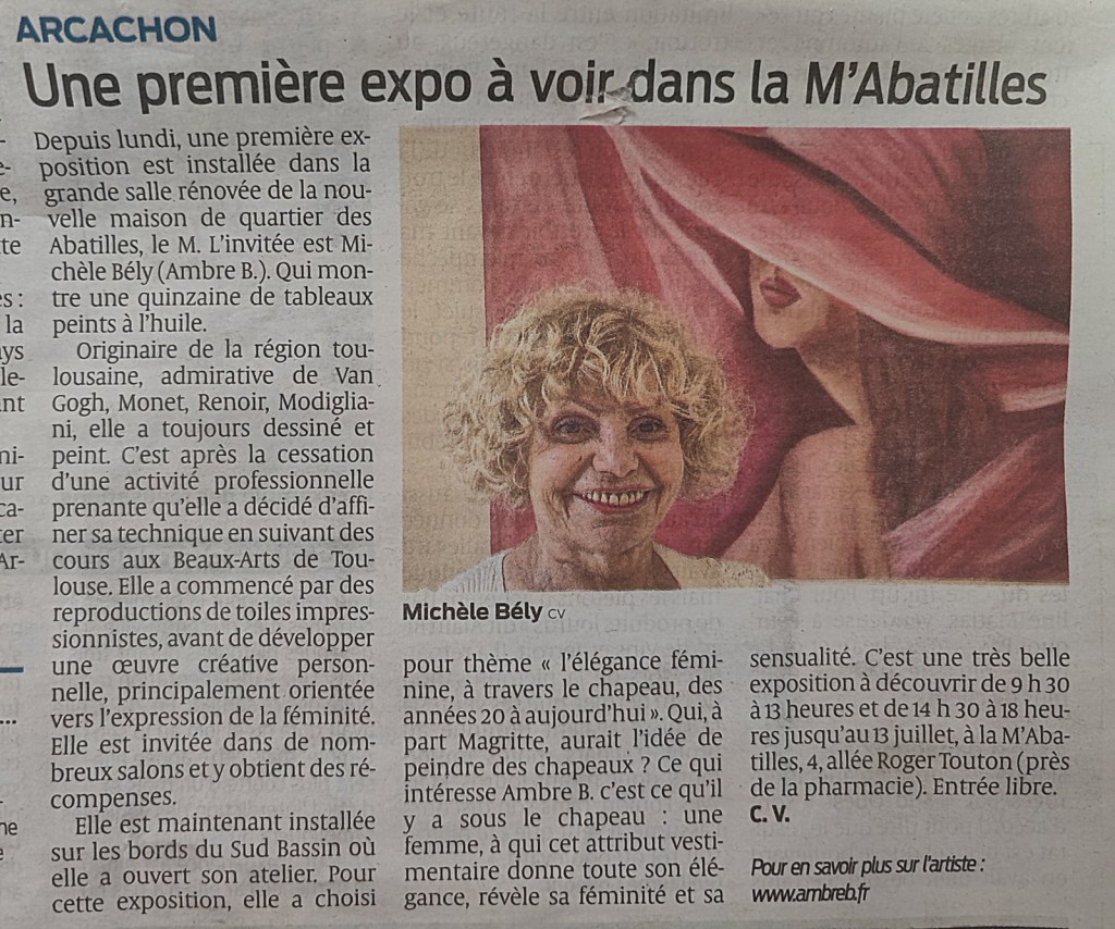 Article Sud Ouest pour l&rsquo;exposition d&rsquo;AMBRE B à M&rsquo;Abatilles – Juillet&nbsp;2023